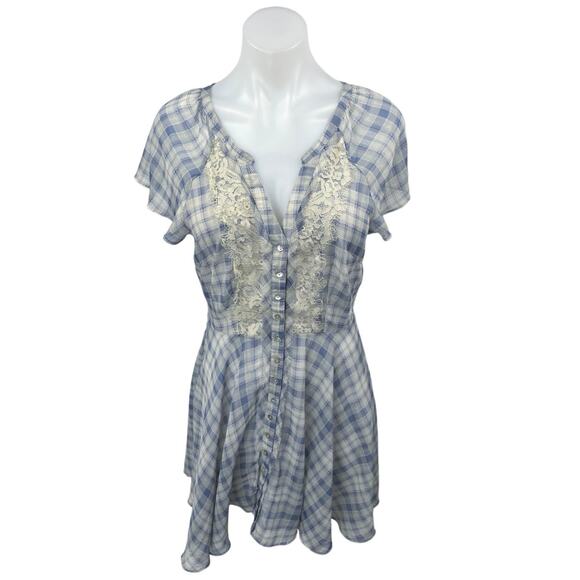 Urban Outfitters Kimchi Blue Plaid Check Lace Short Sleeve Button Shirt Dress M - Picture 1 of 4